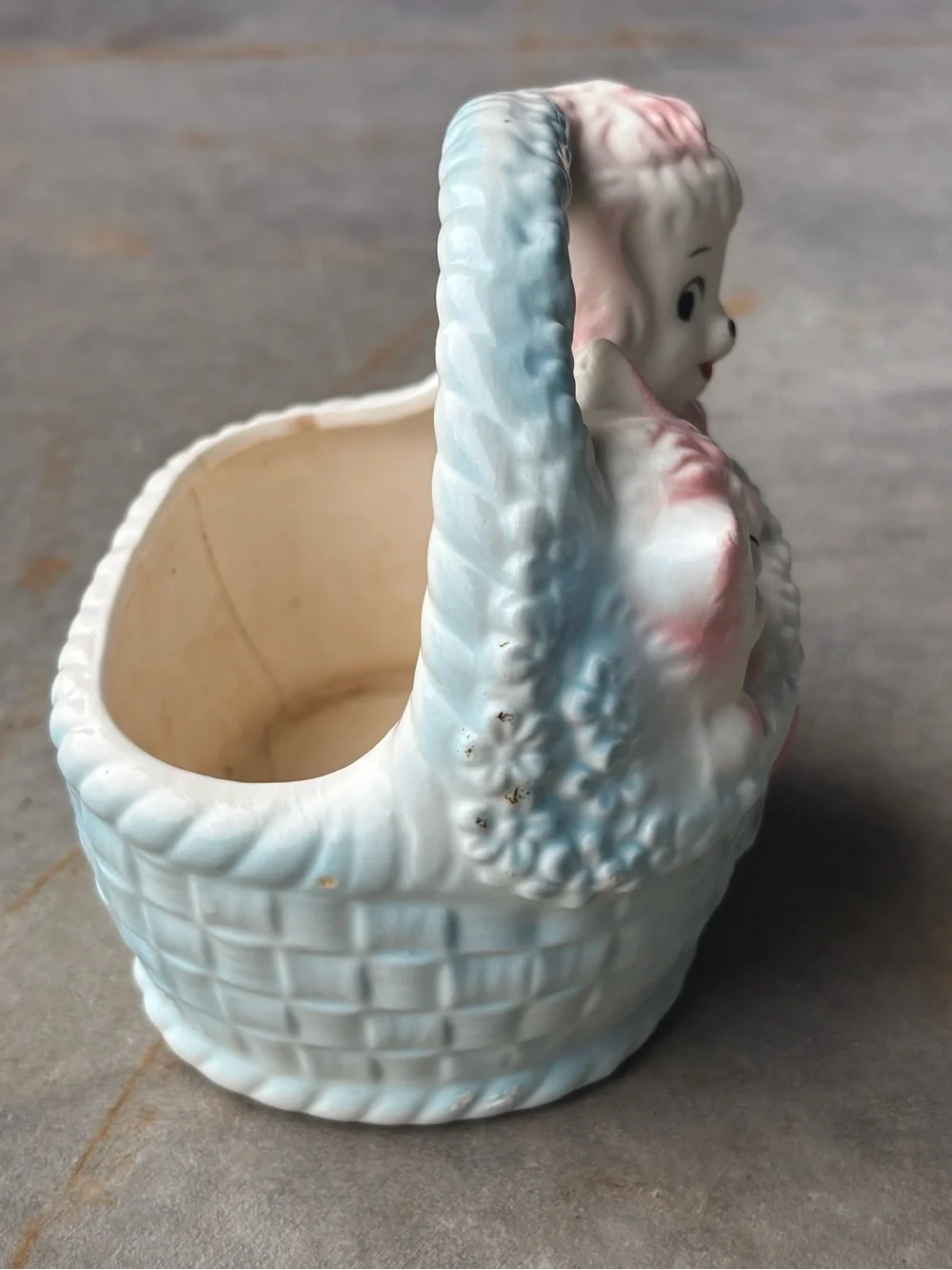 Vintage Inarco Japan Ceramic Poodle & Kitten Basket Planter Pastel Pink Blue